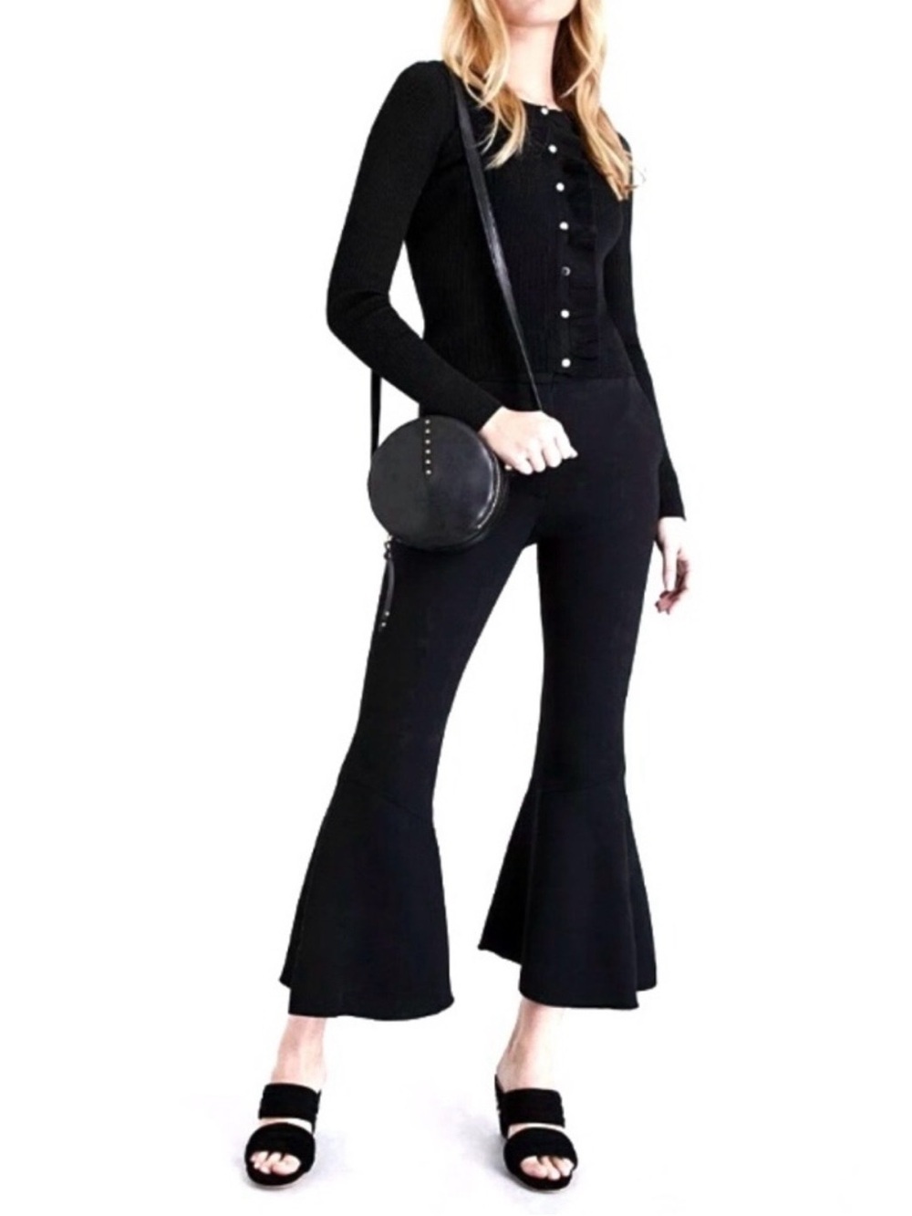 Sandro Flare Bell Bottoms Crepe Cropped Trouser Pants in Black Size Small (36)